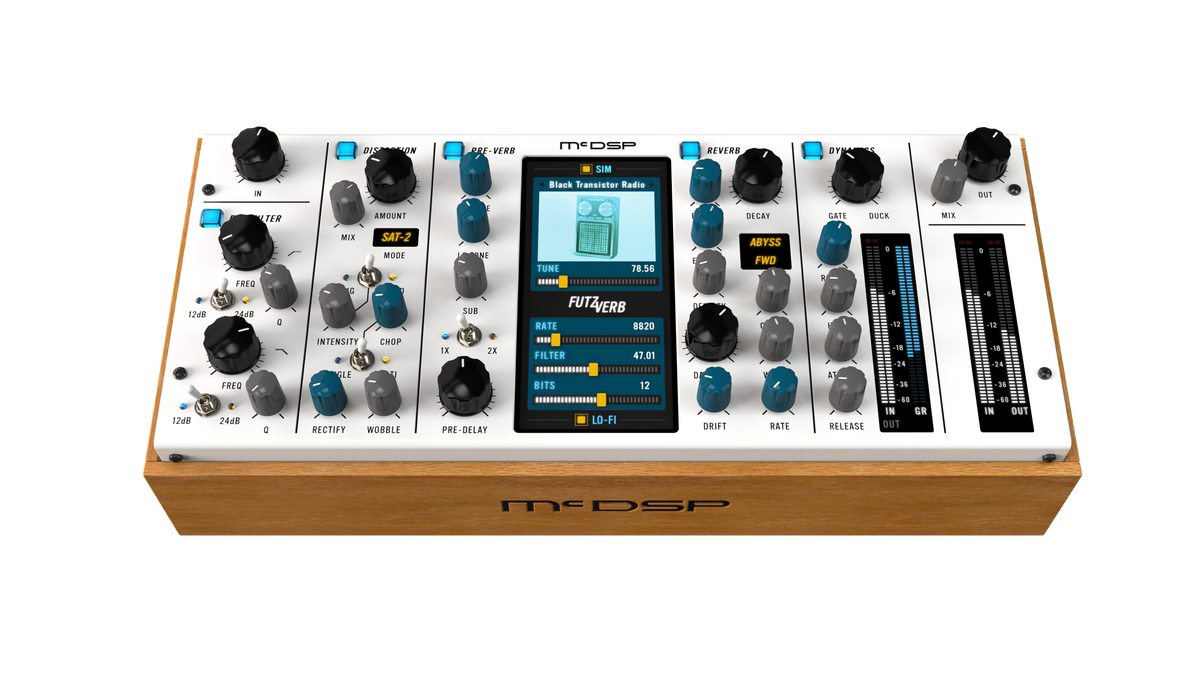 McDSP FutzVerb shown as a wood-sided hardware unit