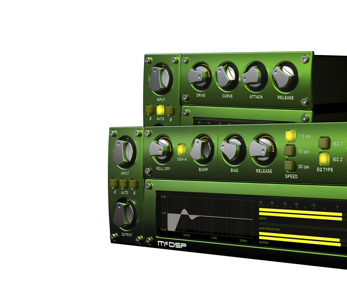 McDSP Analog Channel AC101 and AC202 shown as stacked green rack units