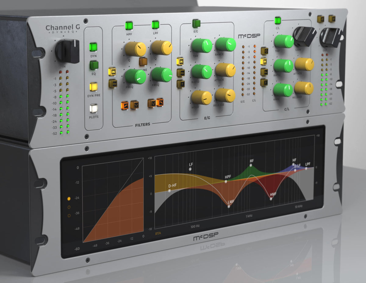 McDSP Channel G Console shown as silver rack-mounted hardware