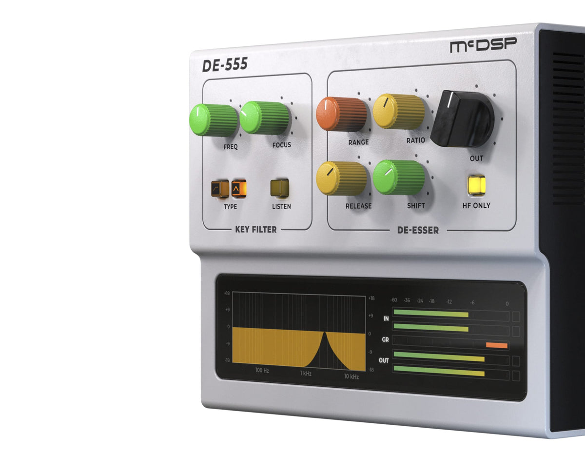 McDSP DE555 De-esser shown as a white hardware-style unit