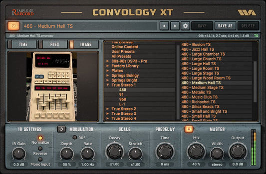 Wave Arts Convology XT convolution reverb plugin showing the impulse response browser and a vintage reverb unit