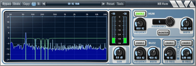 Wave Arts MR Hum 6 hum removal plugin with high resolution spectrum display and notch filter controls