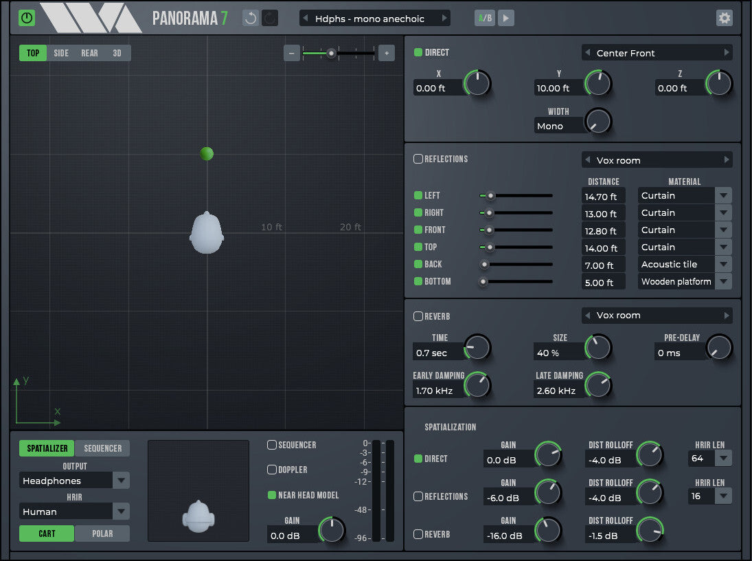 Wave Arts Panorama 7 3D spatializer plugin showing the overhead panning view with a sound source and listener head