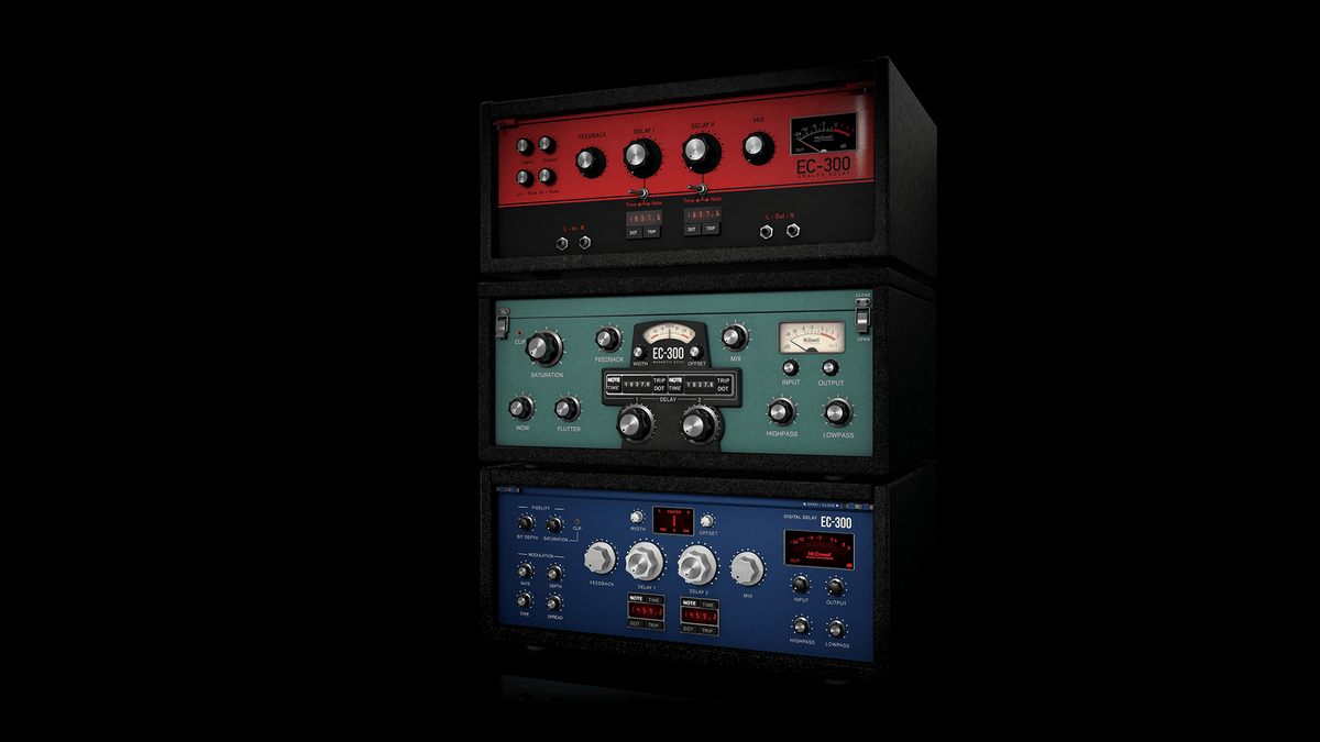 McDSP EC-300 Magnetic, Analog and Digital delays shown as stacked hardware units