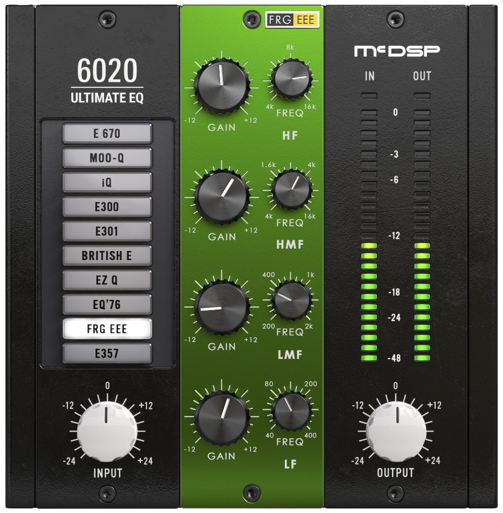 McDSP 6020 Ultimate EQ v7 interface with module list and EQ controls
