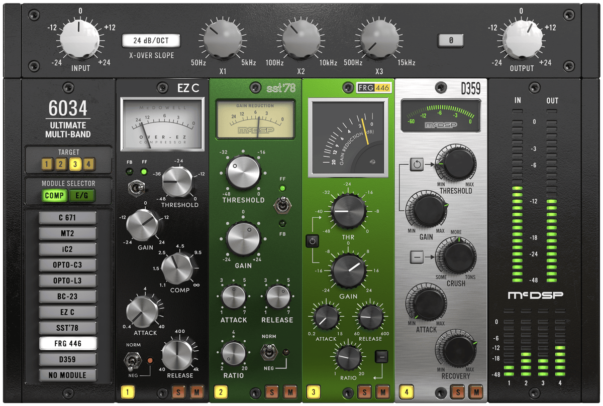 McDSP 6034 Ultimate Multi-band v7 interface with four bands of compressor modules