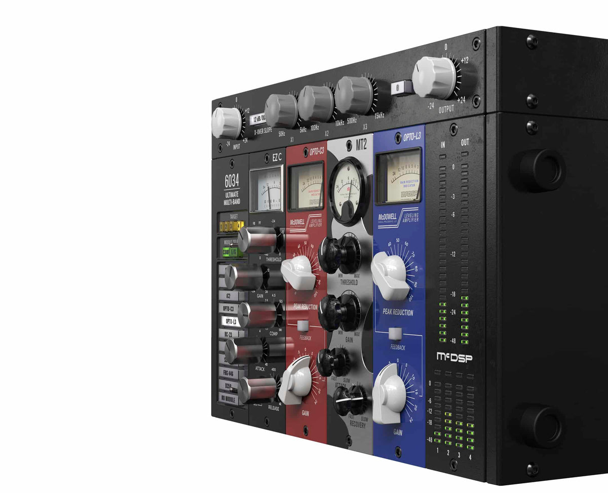 McDSP 6034 Ultimate Multi-band shown as a rack of coloured hardware modules