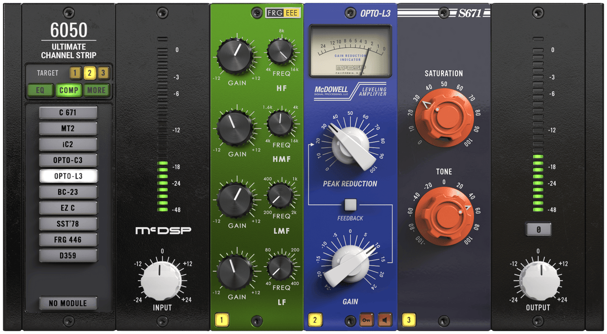 McDSP 6050 Ultimate Channel Strip v7 interface with EQ, compressor and saturator modules