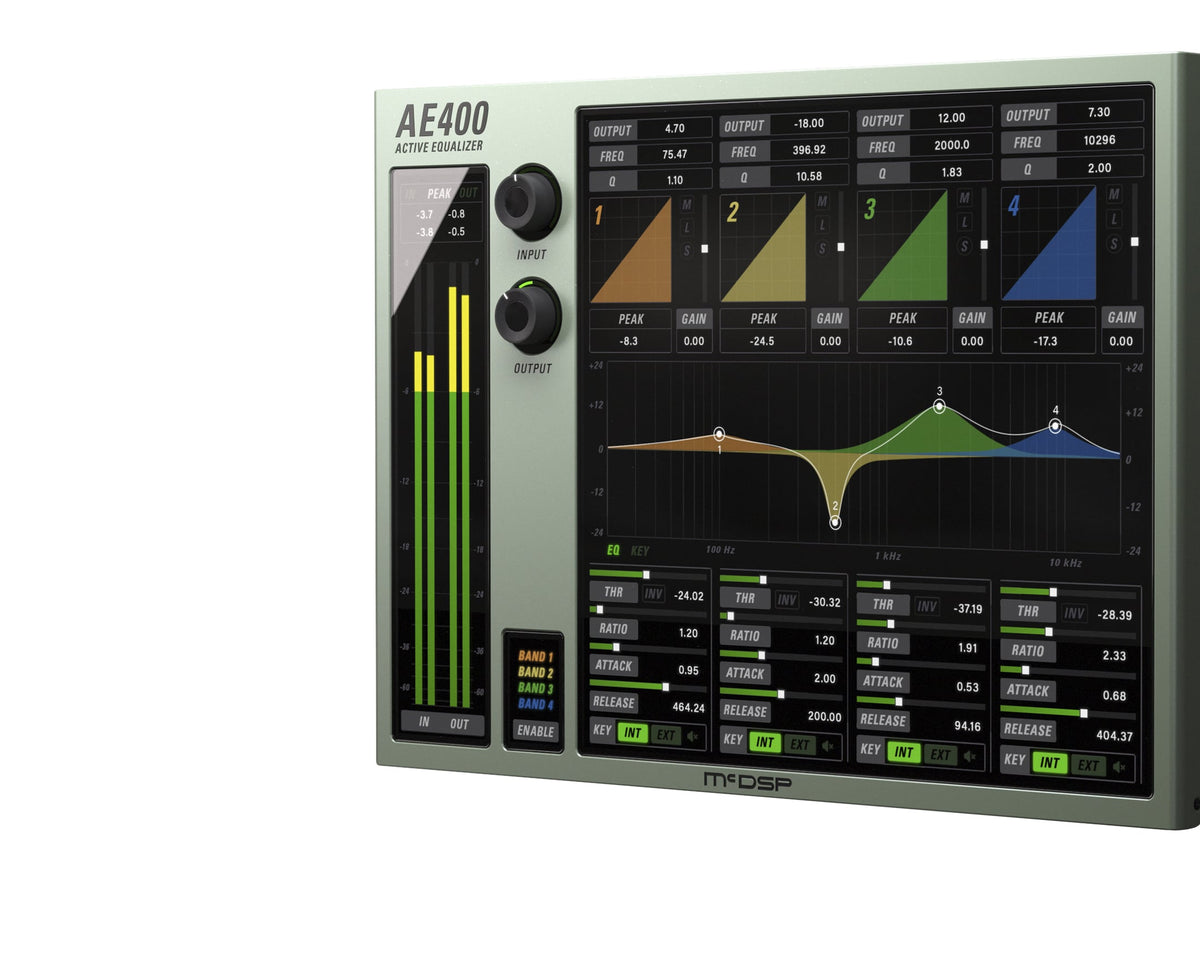 McDSP AE400 Active EQ v7 interface with four active EQ bands and response plot
