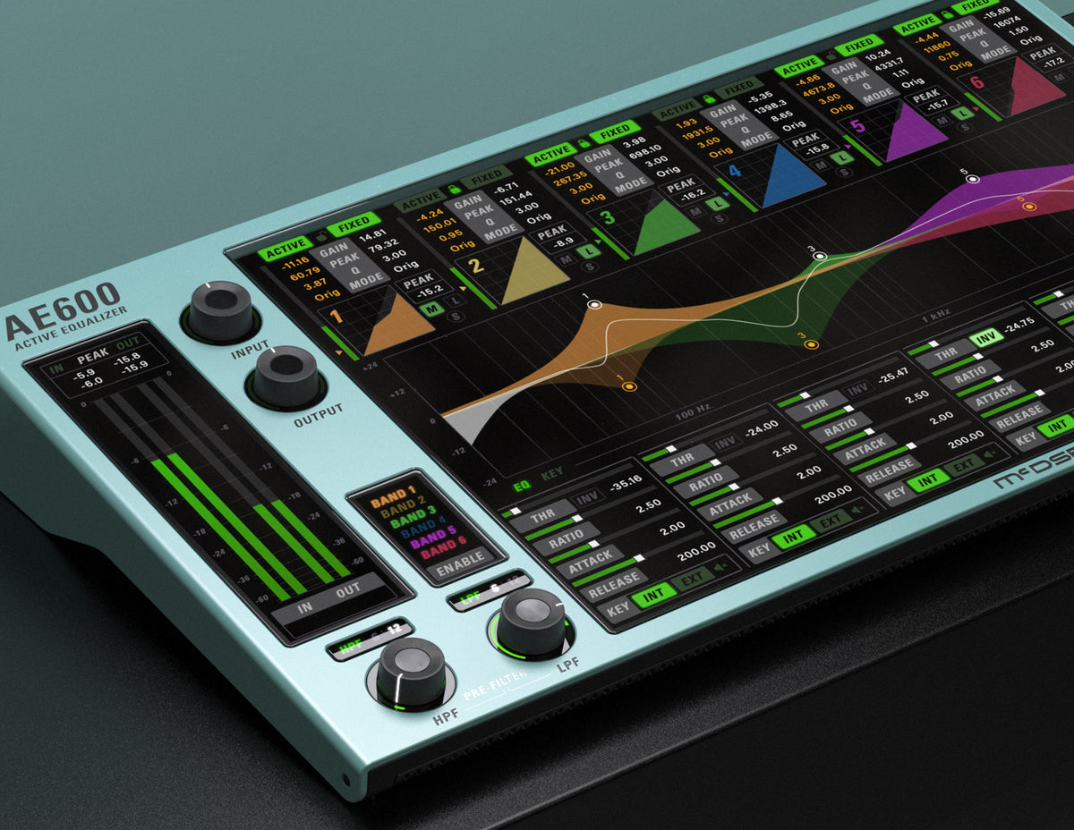 McDSP AE600 Active EQ shown as a hardware-style unit at an angle