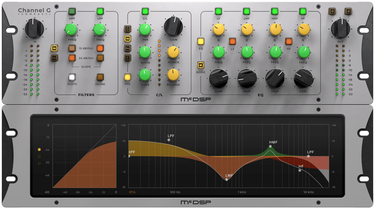 McDSP Channel G Compact v7 interface with compressor, EQ and response display