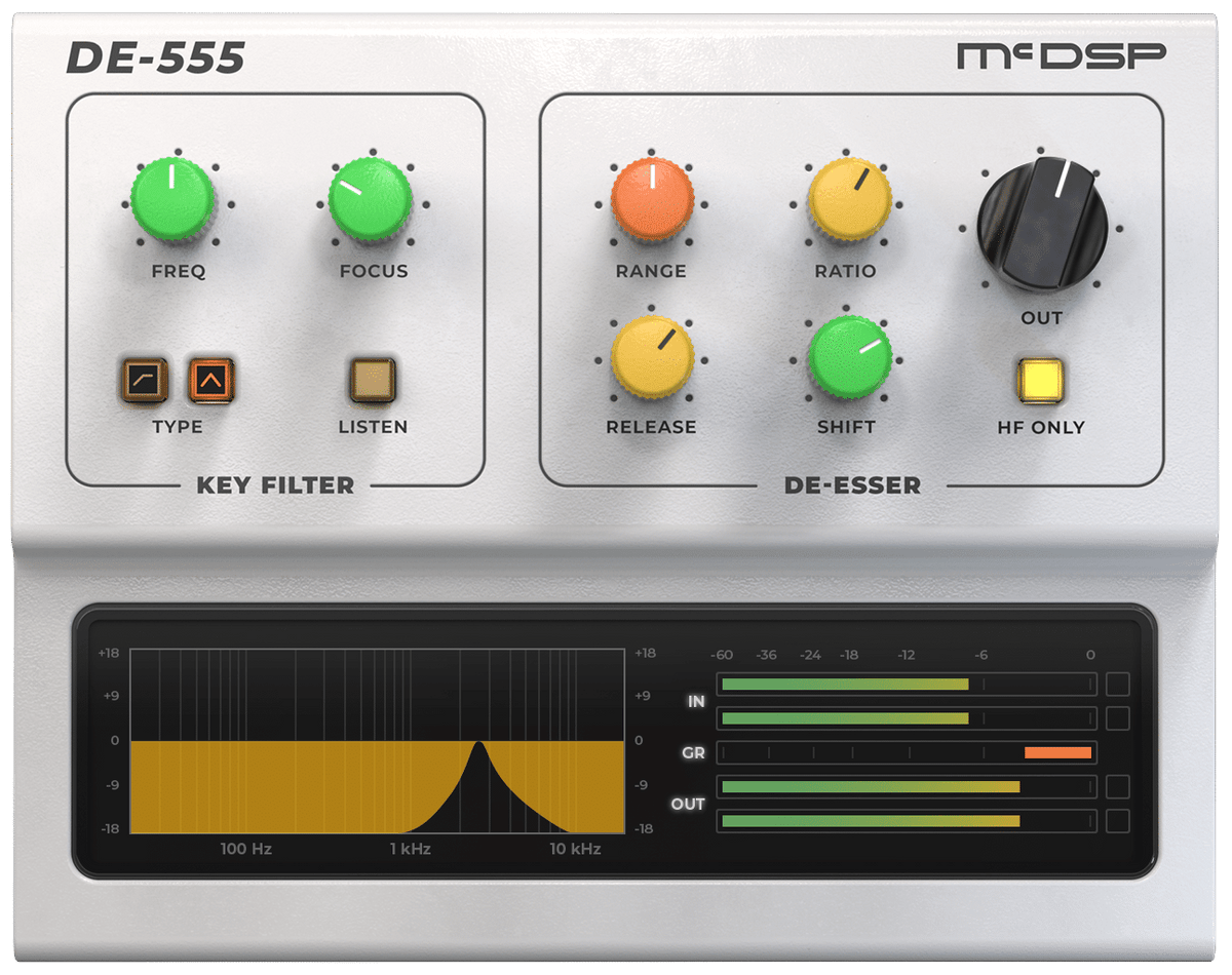 McDSP DE555 De-esser v7 interface with key filter and de-essing display