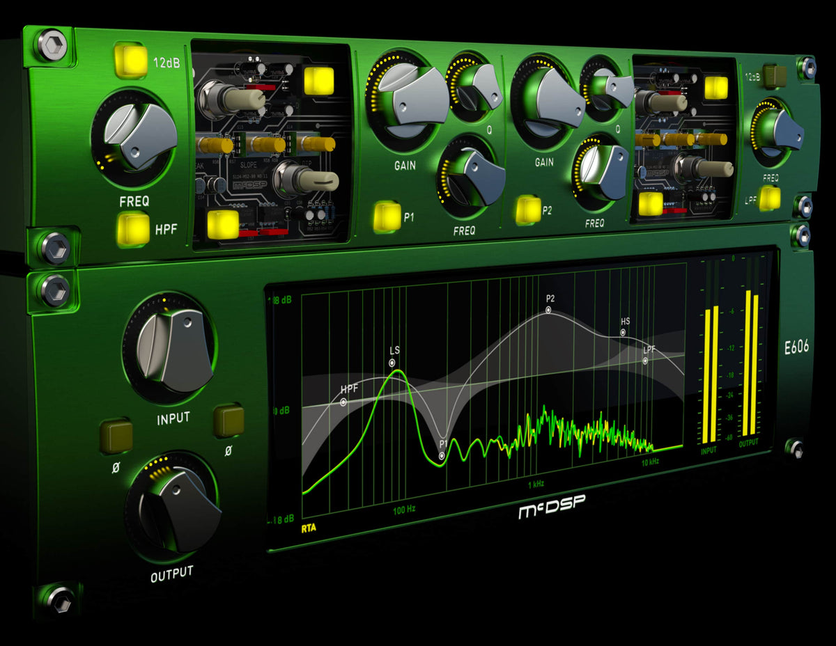 McDSP FilterBank shown as green rack-mounted hardware
