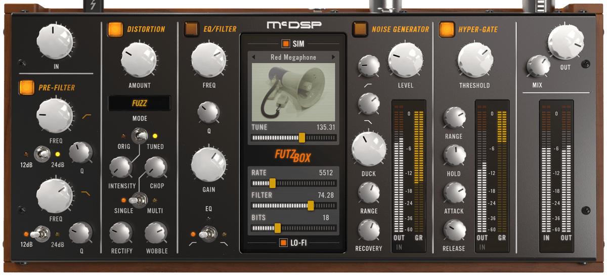 McDSP FutzBox v7 interface with SIM selector, filters and distortion