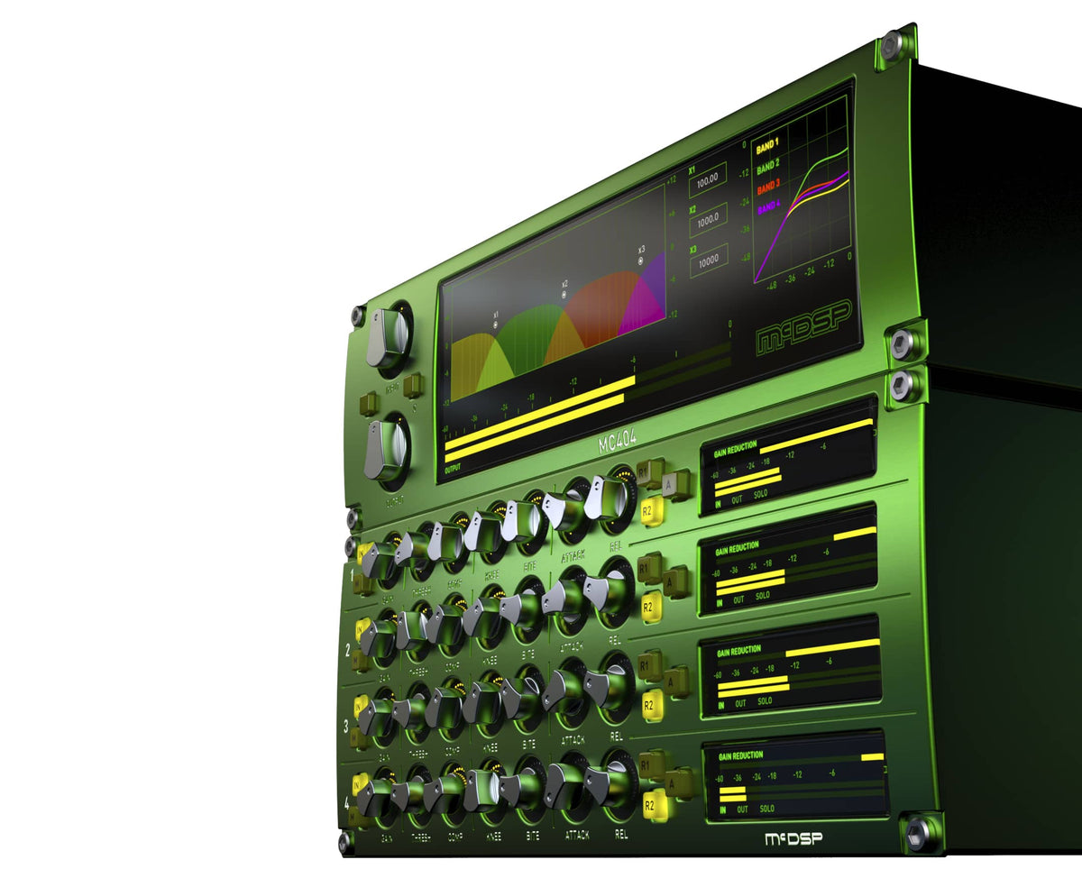 McDSP MC2000 Multi-Band Compressor v7 shown as green rack-mounted hardware