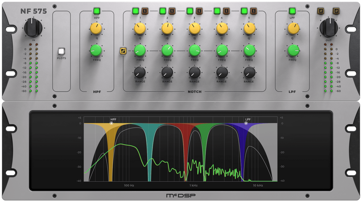 McDSP NF575 Noise Filter v7 interface with five notch filters on the display