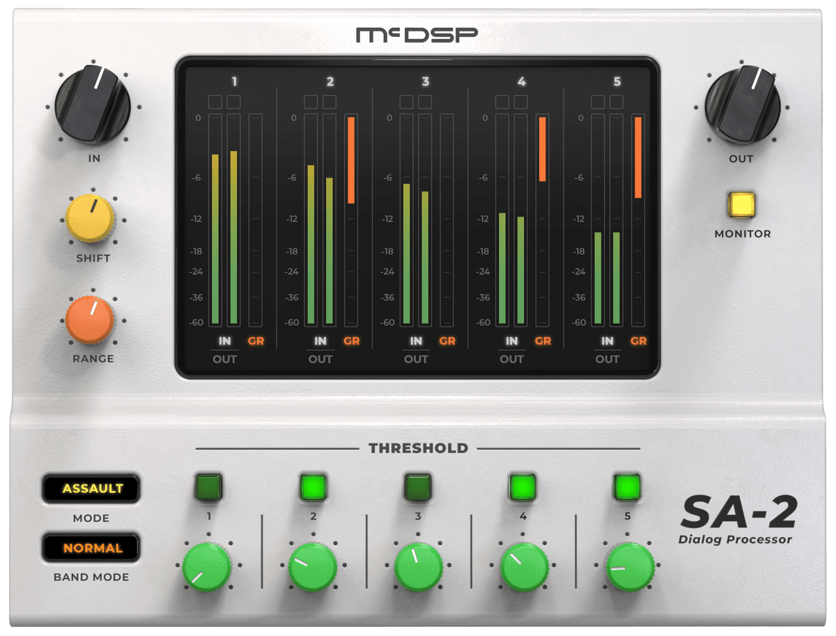McDSP SA-2 Dialog Processor v7 interface with five threshold controls