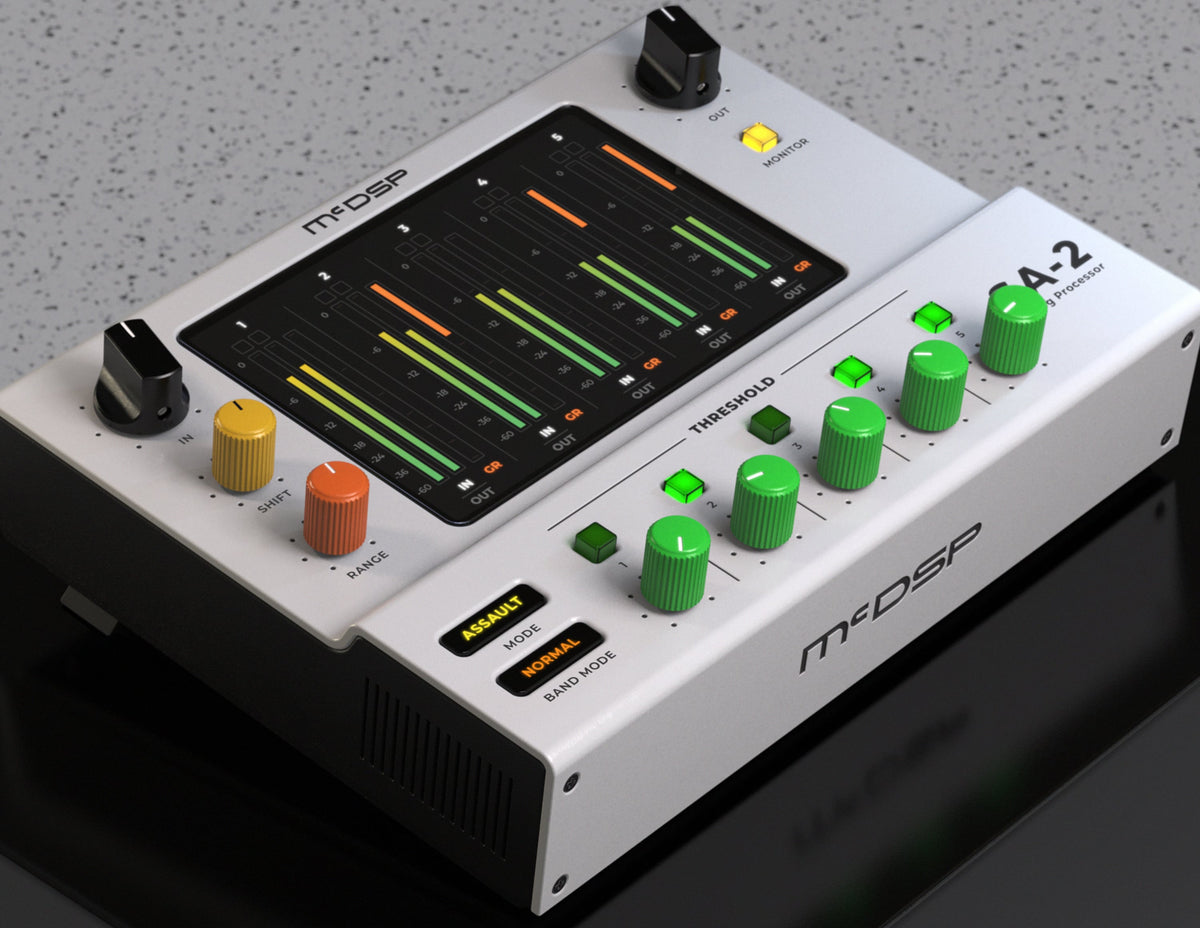 McDSP SA-2 Dialog Processor shown as a white hardware unit on a table