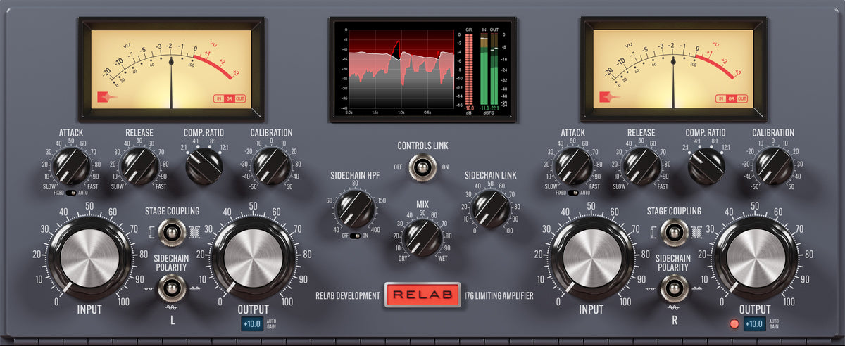 Relab 176 tube compressor plugin interface, stereo view
