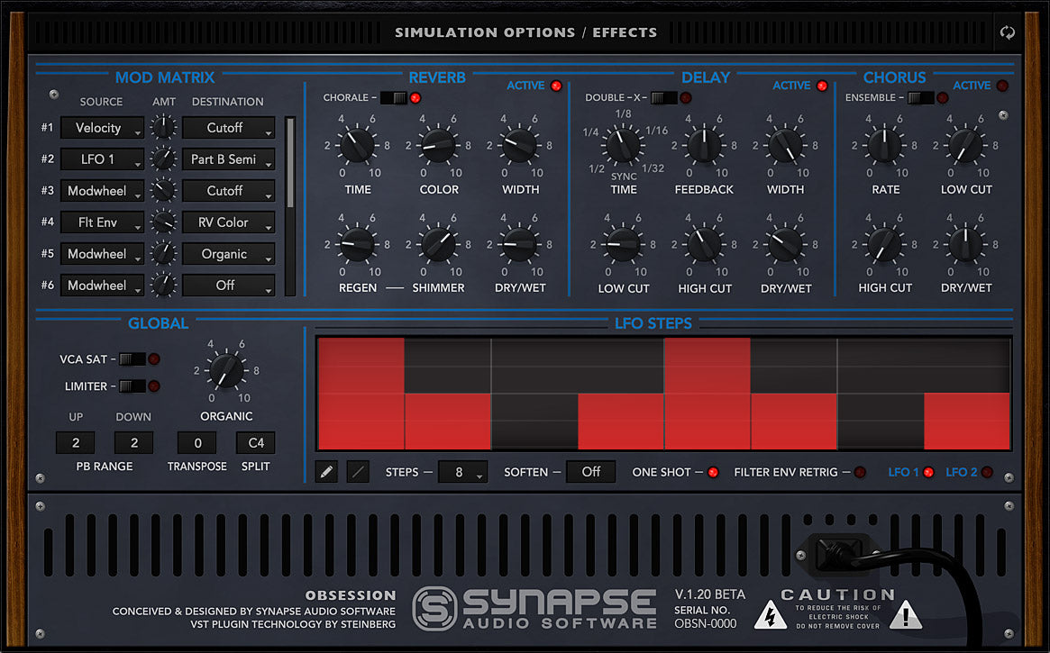 Synapse Audio Obsession back panel with effects and modulation matrix