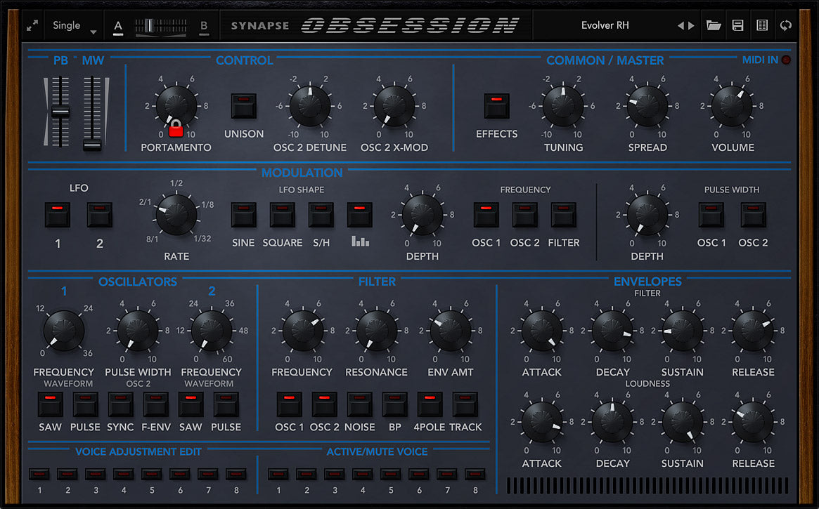 Synapse Audio Obsession polysynth plugin front panel
