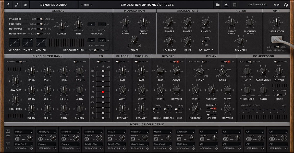 Synapse Audio The Legend HZ v2.1 back panel with paragraphic EQ and effects