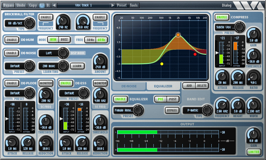 Wave Arts Dialog 2 plugin showing filter, noise reduction, de-ess, EQ and compressor sections