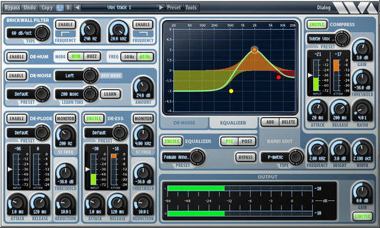 Wave Arts Dialog 2 plugin showing filter, noise reduction, de-ess, EQ and compressor sections