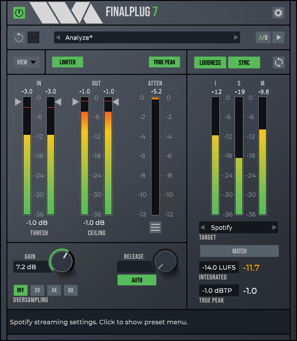 Wave Arts FinalPlug 7 limiter plugin showing input and output meters, threshold and ceiling controls and loudness readout