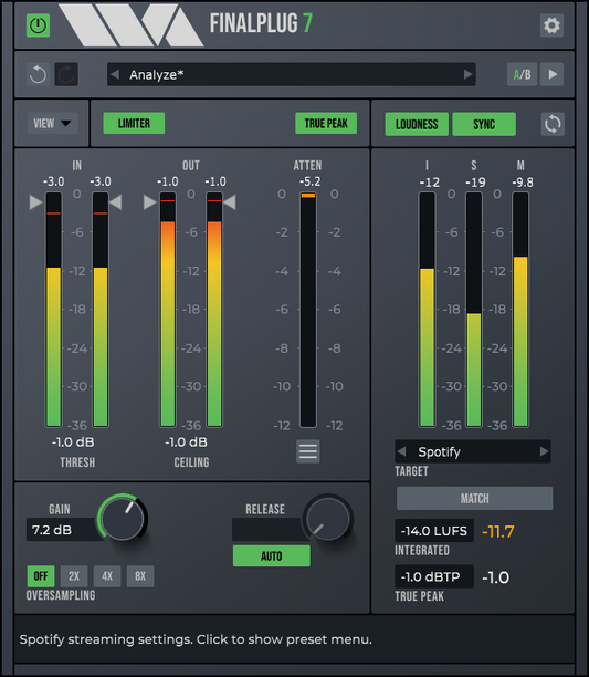 Wave Arts FinalPlug 7 limiter plugin showing input and output meters, threshold and ceiling controls and loudness readout
