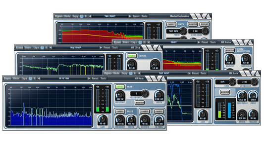 Wave Arts Master Restoration Suite 6 showing the MR Noise, MR Hum, MR Click and MR Gate plugin interfaces
