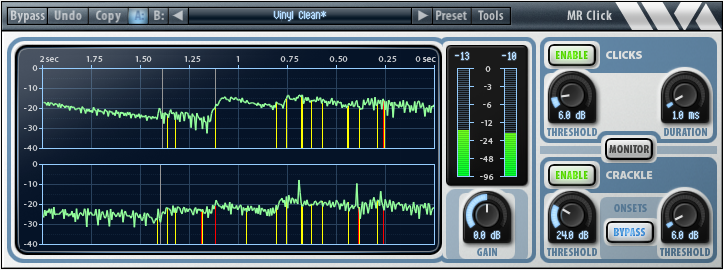 Wave Arts MR Click 6 declicker plugin showing signal level, detected clicks and crackle in its stereo display