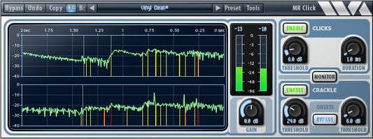 Wave Arts MR Click 6 declicker plugin showing signal level, detected clicks and crackle in its stereo display