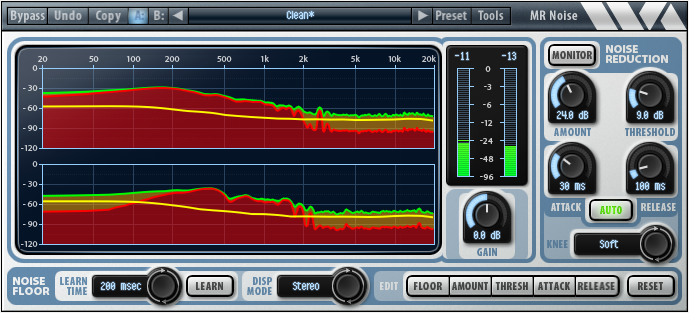 Wave Arts MR Noise 6 noise reduction plugin showing the input, output and noise floor spectrum display