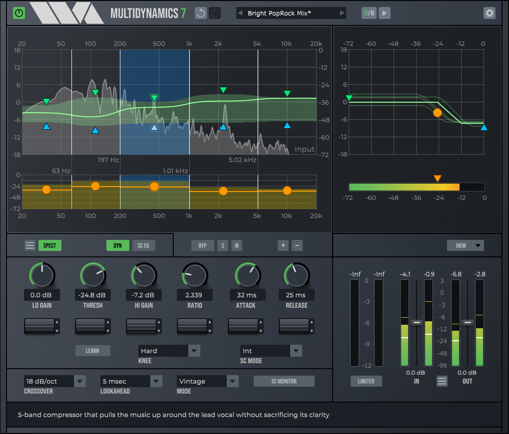 Wave Arts MultiDynamics 7 multiband dynamics plugin showing six-band crossover display and per-band controls