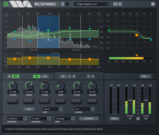 Wave Arts MultiDynamics 7 multiband dynamics plugin showing six-band crossover display and per-band controls