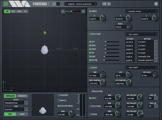 Wave Arts Panorama 7 3D spatializer plugin showing the overhead panning view with a sound source and listener head