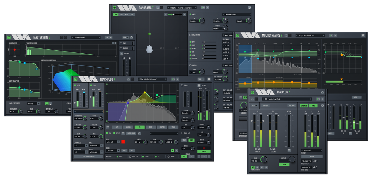 Wave Arts Power Suite 7 bundle showing the TrackPlug, MasterVerb, FinalPlug, MultiDynamics and Panorama interfaces