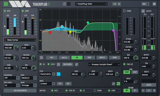 Wave Arts TrackPlug 7 channel strip plugin showing the 10-band EQ with spectrum display, gate and compressor modules