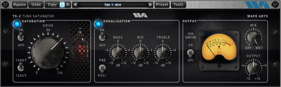 Wave Arts Tube Saturator 2 plugin with preamp stage, drive and Baxandall EQ knobs and an analogue VU meter